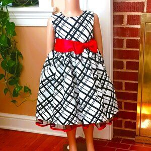 Penelope Mack Plaid Dress 5 Girls Black White Sleeveless Formal Red Satin Bow
